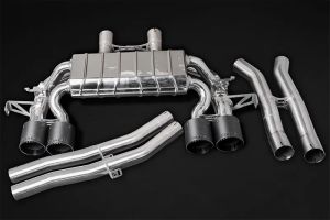 Muffler with connecting pipes and center silencer replacement pipes, for using with OEM actuators, with anodized alloy exhaust tips with straight cut (available in black, red, silver*) with carbon outer tube fits for BMW G80/G82