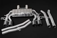 Exhaust system, for using with OEM actuators, center silencer replacement pipes, 200 cells sport cats as replacement for OEM OPF/GPF (no ECU programming required by the test car, but CEL can be possible) with anodized alloy exhaust tips in oblique(availab